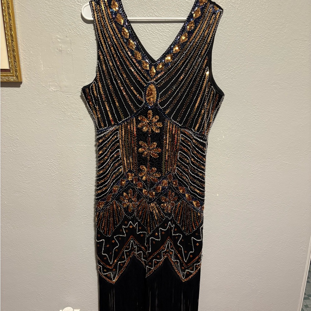 Glamorous Black and Gold Beaded Midi Dress